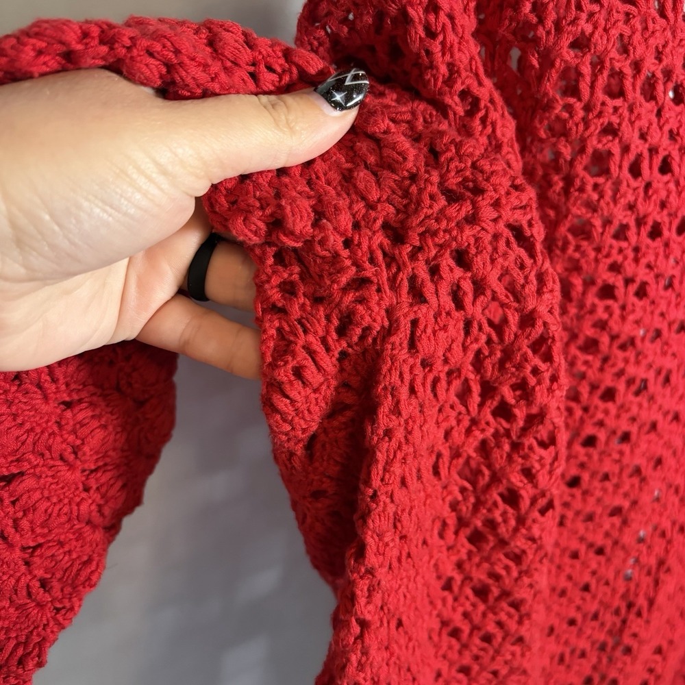 VTG 1X Red Crochet Open Knit 3/4 Sleeve Cottage Cardigan Button Grandma 90s Y2K - Picture 9 of 15
